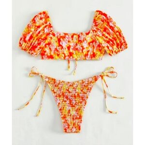 💚5/$25 Puff Sleeve Tropical Floral 2 Bikini Set Cheeky Bottom Smocked Swimsuit